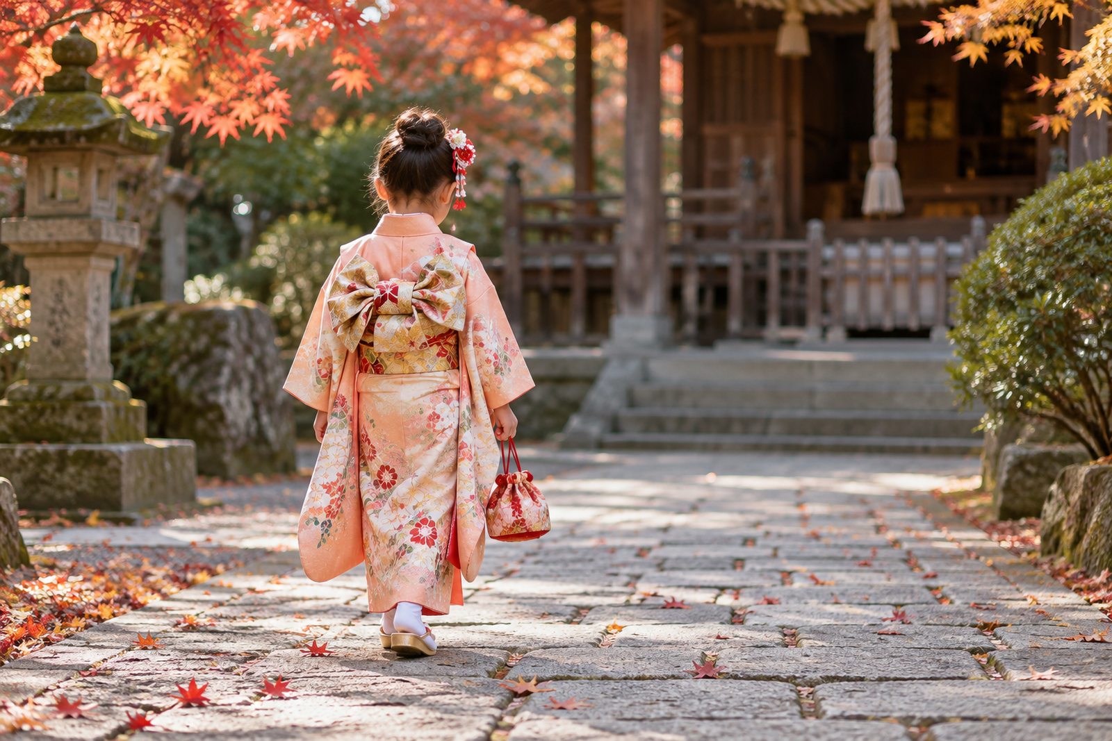 桃色の着物を着た子どもの後ろ姿