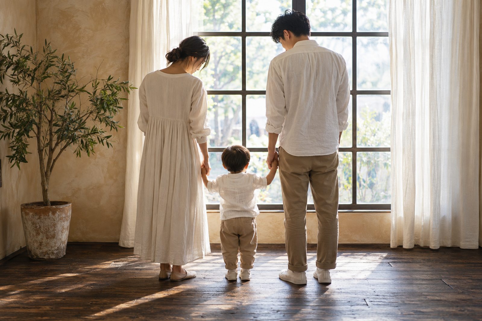 窓辺で子どもを囲む両親の後ろ姿