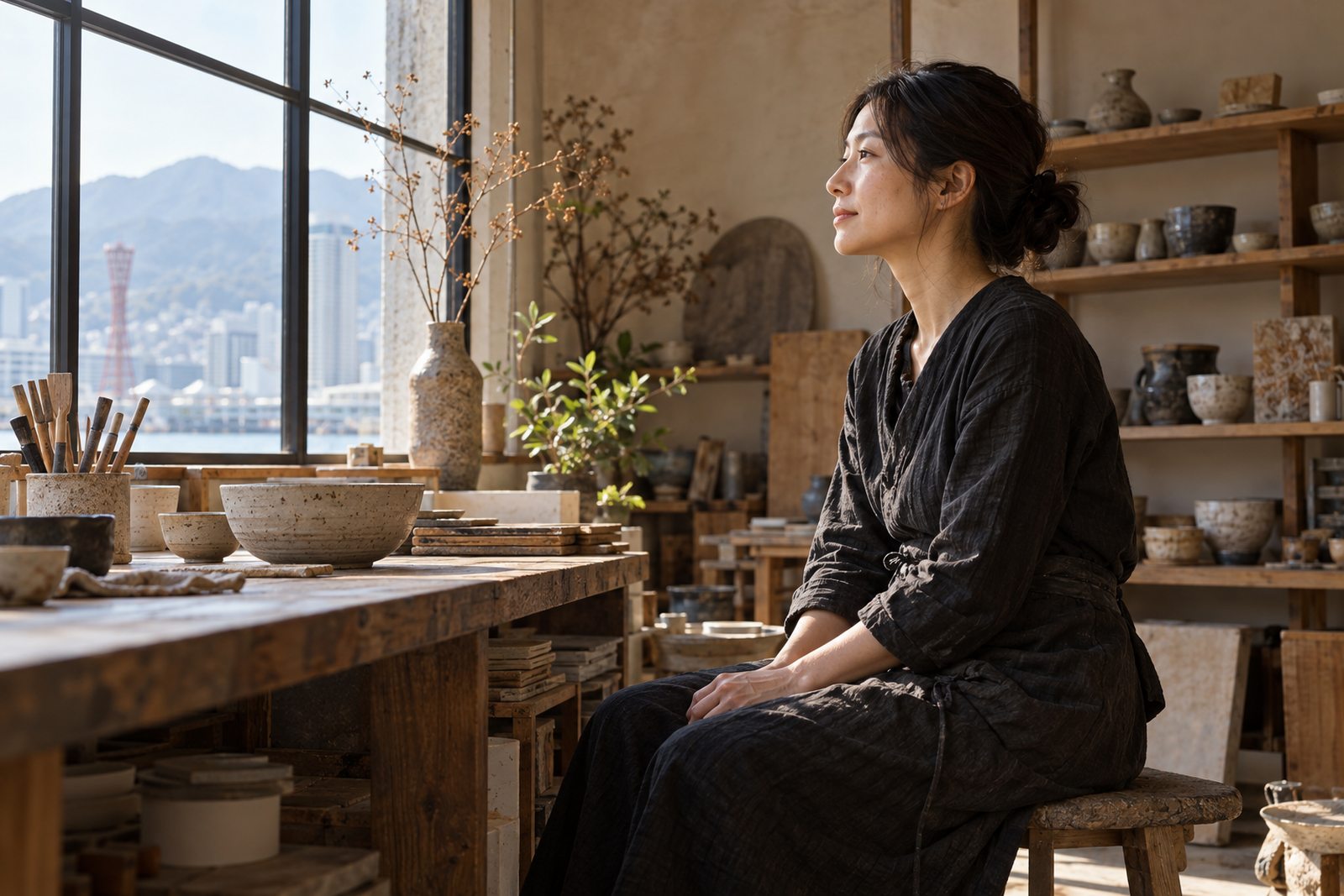 仕事場で陶芸に向き合う人の横顔
